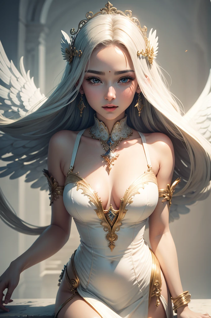 best quality, 8k, very delicate and beautiful, highly detailed face and skin texture, shiny skin, high resolution, sexy girl in white dress with white wing, heaven, divine glory, angel, blessing, sharp focus