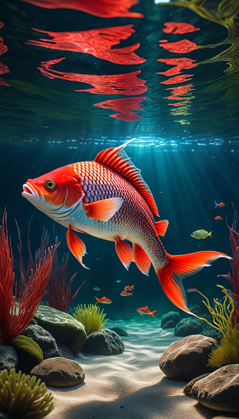 There is a red fish at the bottom of the lake，Front view(best quality，4K，8K，High level，masterpiece：1.2），Ultra Detailed，（lifelike，Photo real，Photo real：1.37），Highly detailed animals，Complex patterns，Realistic lighting，Fantasy Creatures