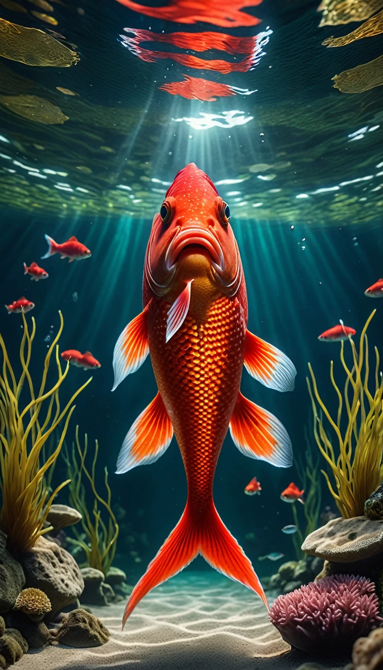 There is a red fish at the bottom of the lake，Front view(best quality，4K，8K，High level，masterpiece：1.2），Ultra Detailed，（lifelike，Photo real，Photo real：1.37），Highly detailed animals，Complex patterns，Realistic lighting，Fantasy Creatures