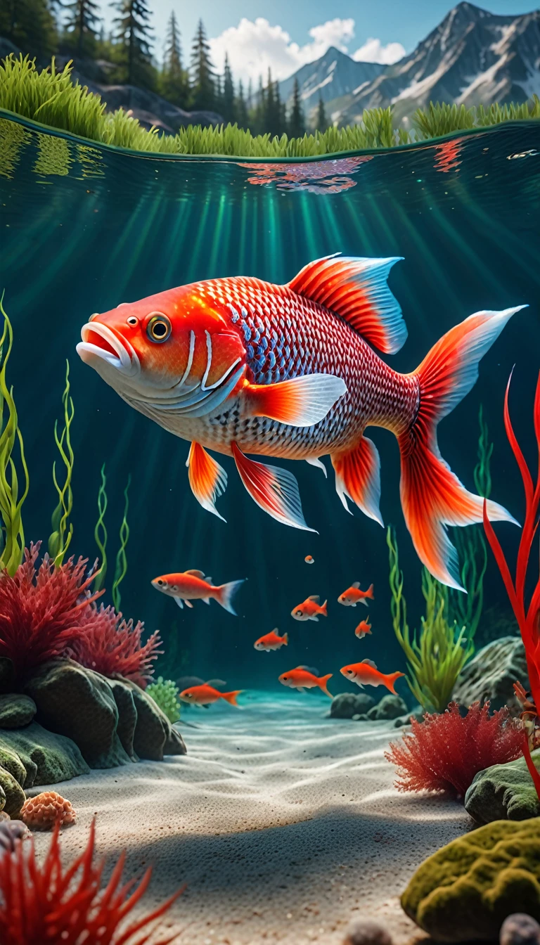 There is a red fish at the bottom of the lake,Front view(best quality,4K,8K,High level,masterpiece:1.2),Ultra Detailed,(lifelike,Photo real,Photo real:1.37),Highly detailed animals,Complex patterns,Realistic lighting,Fantasy Creatures