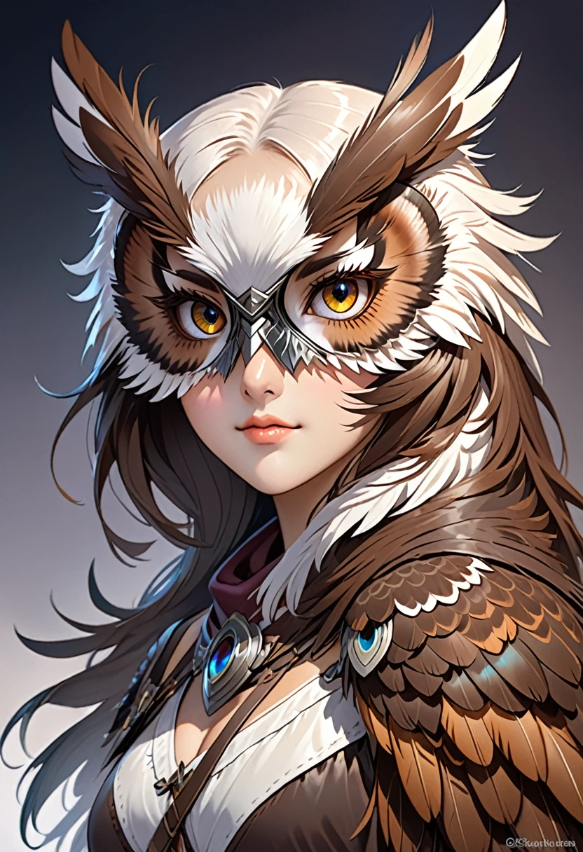 Creating a half-owl hybrid ,Has the characteristics and feathers of an owl,For DND RPG with owl feathers and owl eyes、girl