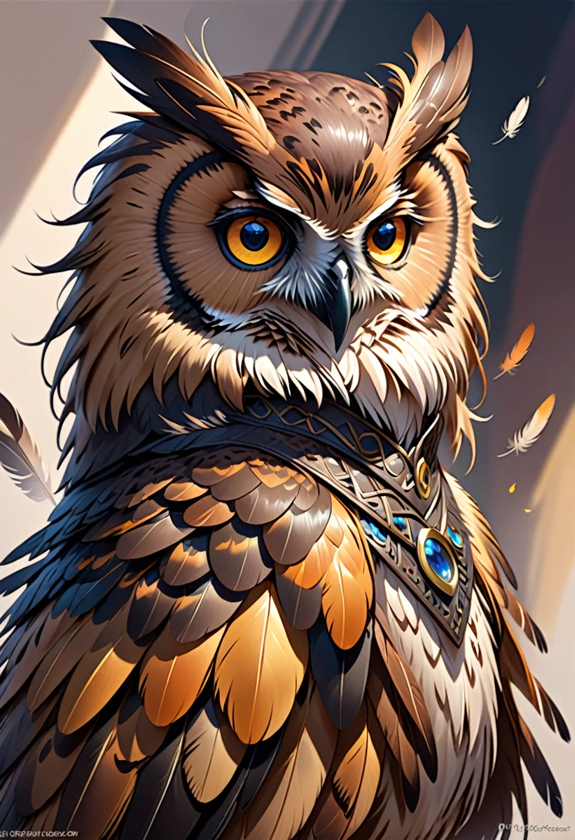 Creating a half-owl hybrid ,Has the characteristics and feathers of an owl,For DND RPG with owl feathers and owl eyes、girl