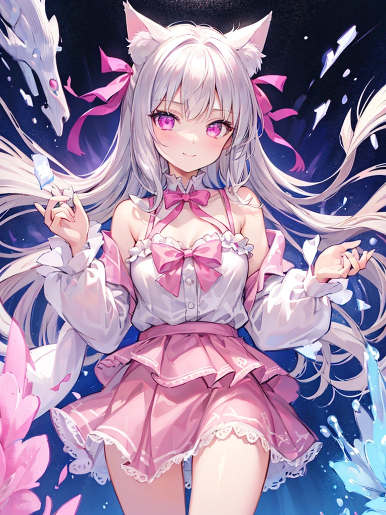 1girl, solo, white hair, red eyes, pink dress, dress, long hair