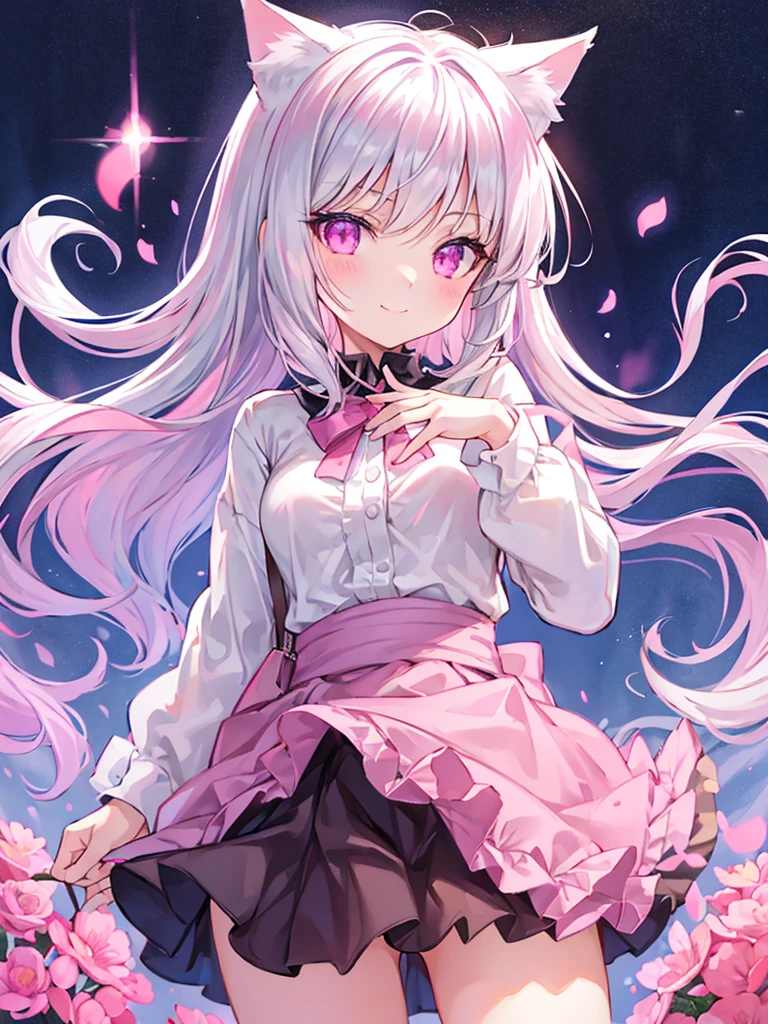 Highly detailed face,fine grain,Sparkling eyes,Highlighted eyes,Medium chest,pretty girl, bewitching smile,Longing eyes,Cat ear, Beautiful silver hair,Pink inside,Beautiful pink eyes,Oversized shirt,skirt