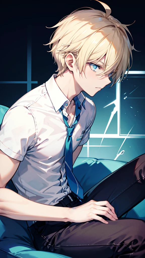 profile background, anime boy, serious face, defined body, blond hair, cyan eyes, detailed eyes and face, white shirt with a kanji in the middle, sitting on the sofa, in the living room, high-res portrait, character, fantasy, 4K, high resolution