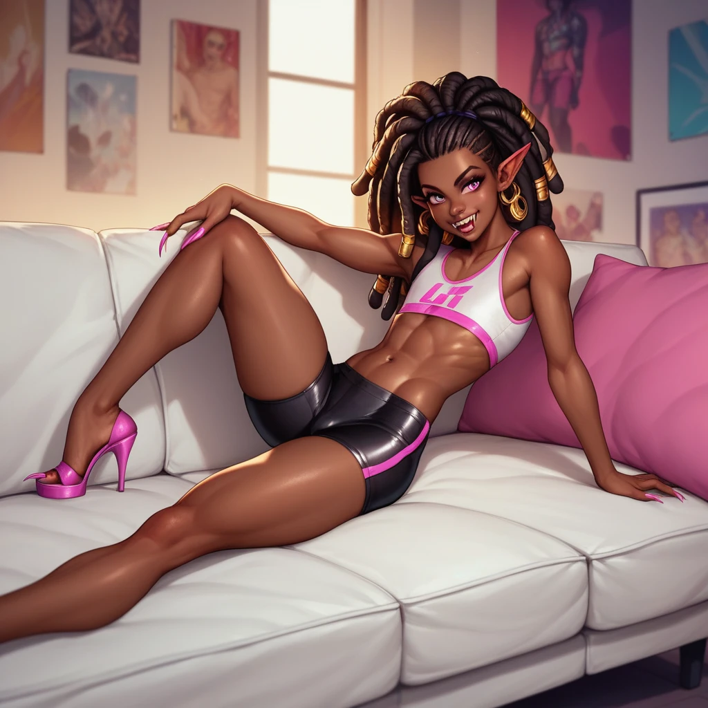 Best quality, highly detailed, ultra detailed, 1 very Dark brown skin boy, chocolate skin, flat chest, male chest, curvy body, long pink dreadlocks, pink dreadlocks, pink eyes, pointy ears on sides, fangs, sharp nails,  lipgloss, wearing white croptop, biker shorts, feet, booty, livingroom scene