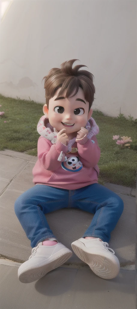 2 year old smiling and playing with very wavy hair and big cheeks and round eyes pixar style maximum quality