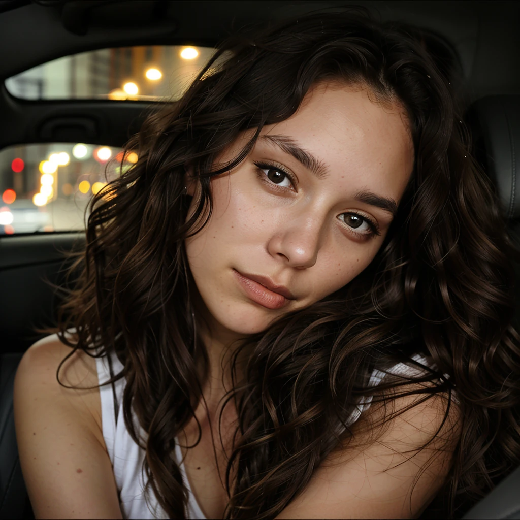 1 woman,22 years old , wavy hair, dark brown eyes, in a car at night with a flash