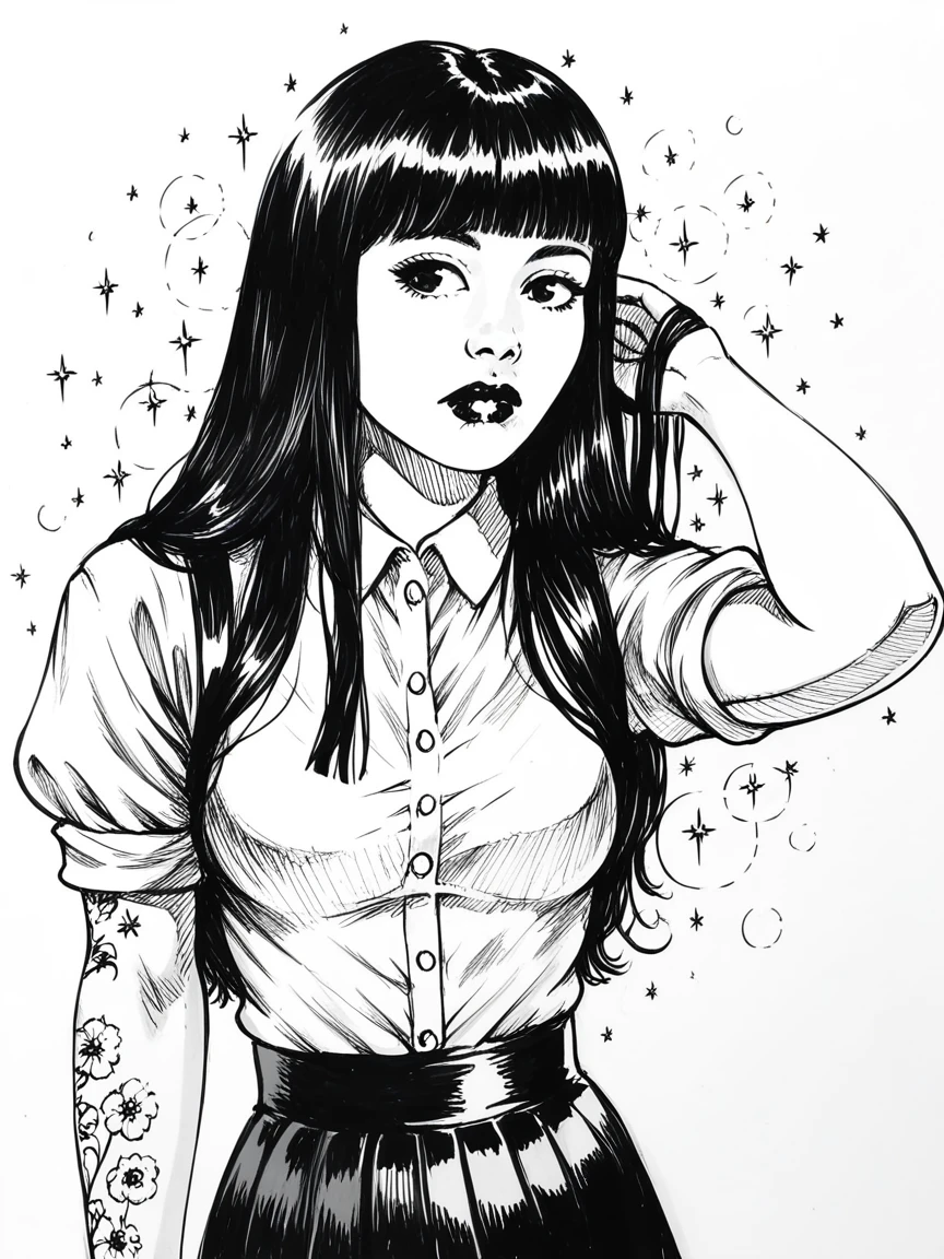 score_9, score_8_up, score_7_up, 1girl, sketch, sp1t, monochrome, detailed background, Asian, white shirt, black skirt, rolled up sleeves, sunny, lovely, hime cut hair, curious face, black lips, black eyes, tattoos
