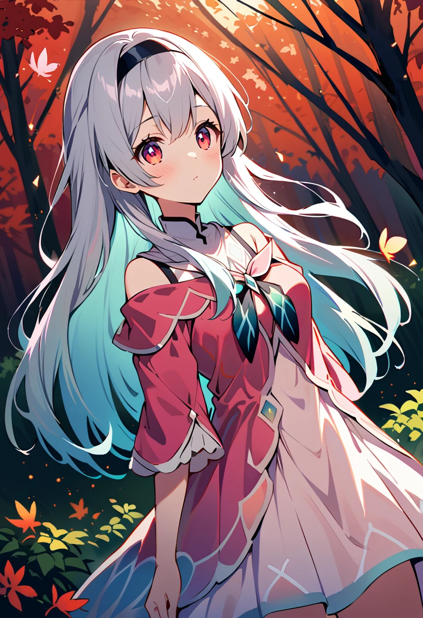 firefly \(Collapse: Star Trails\),1 Girl,Solitary,(Pink off-the-shoulder dress :1.5), (Silver long hair:1.5) ，hairband，Black _ Headband, X-Shape , Headband, Polyolefins _ hair, Bangs, Bare shoulders, full-body shot, White, White高跟鞋, outdoor, Red Maple Forest，