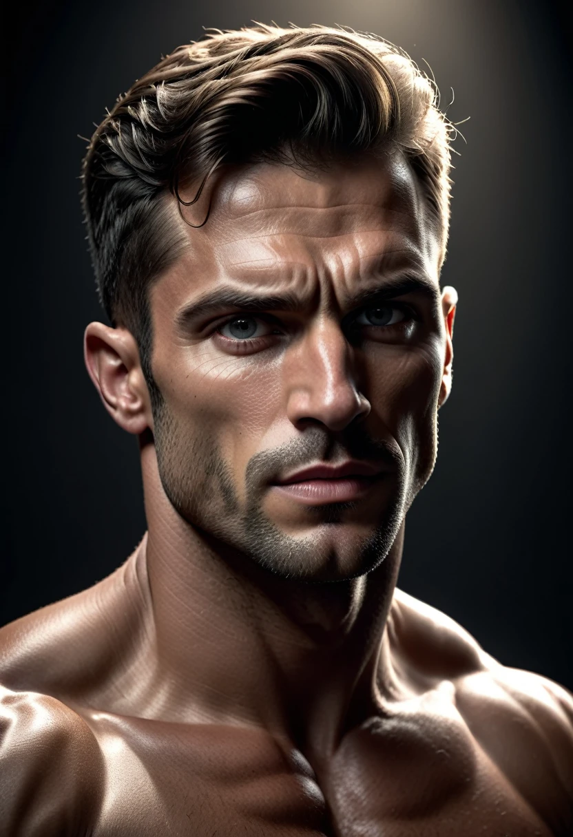 (seductive muscular shirtless man,extremely detailed face,beautiful detailed eyes,beautiful detailed lips,highly detailed skin,chiaroscuro lighting,dramatic lighting,cinematic lighting,moody lighting,dramatic pose,cinematic composition,photorealistic,hyper detailed,high quality,8k,award winning)