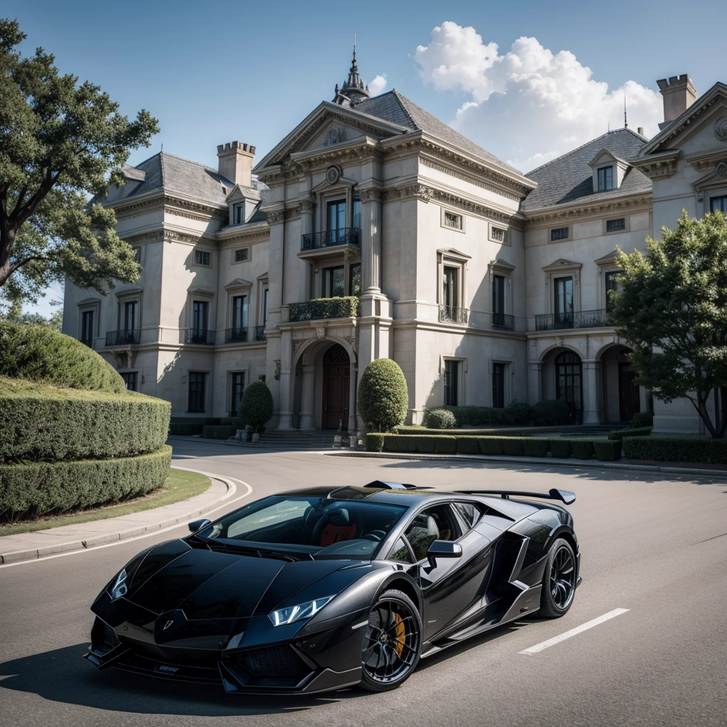a mansion, with a Lamborghini in front and Thiago Finch in front