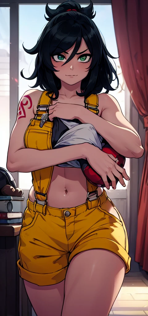 masterpiece, best quality, 1girl, ((young girl)), shiny skin, (thin waist), ((curvy)), ((wide hips)), ((small size)), hot, soft natural lighting, reflections, bright illuminations, full body, (((sexy yellow overalls))), (((tatoo on thigh))) navel, big long black hair, tomoko, sexy, slim figure, Detailed green eyes, Detailed face, Detailed eyes, tomoko kuroki, watamote, bare arms