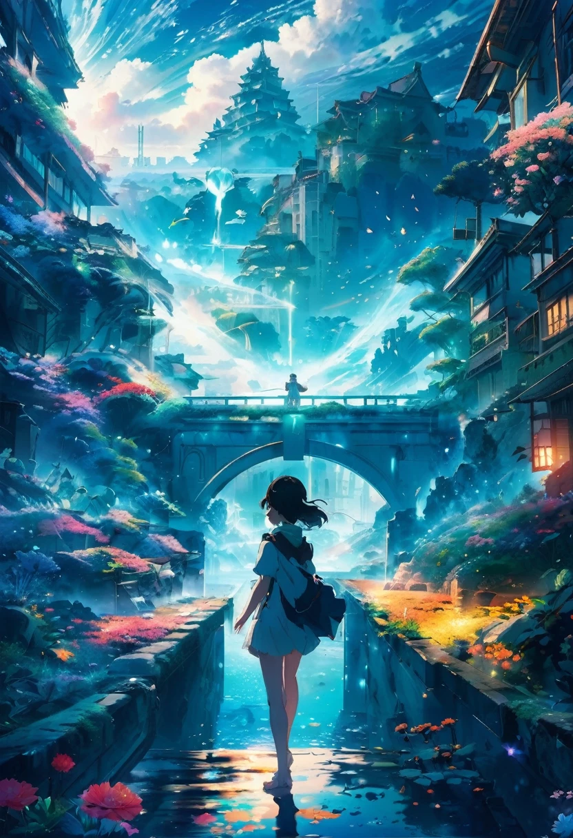 anime key visual, Masterpiece landscapes,A girl, From the ruined city of Atlantis, complex background, foggy condition, cyberdelic, flowering light, Macro lens, Estilo Tsuchida, colorful splash