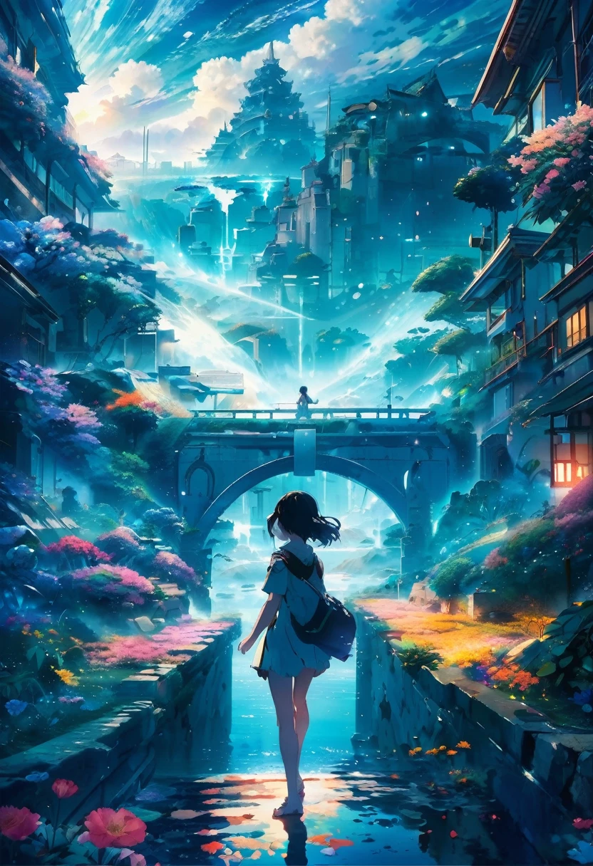 anime key visual, Masterpiece landscapes,A girl, From the ruined city of Atlantis, complex background, foggy condition, cyberdelic, flowering light, Macro lens, Estilo Tsuchida, colorful splash