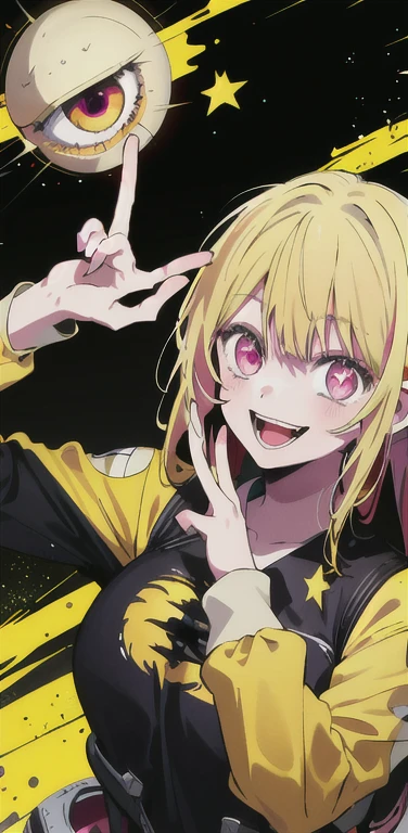 original character , 1girl, (crazy smile:1.2) , blonde hair , bangs , crazy eyes , hands on face , yellow blood splatter on face , yellow and black color scheme, open mouth, (wide-eyed:1.2), glowing eyes, left star shaped eye, star shaped eye, pink eyes, pink eyes