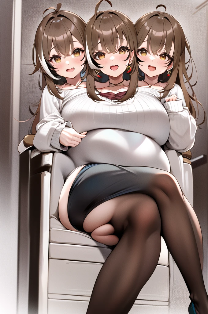 masterpiece, best quality, highres, bbmumei, long hair, multicolored hair, (ahoge), jewelry, earrings, shirt, sweater, long sleeves, plaid, black choker, black skirt, long skirt, living room, sitting on couch, holding smartphone, smile, open mouth, small breasts, (chubby:1.7), (2heads:1.5), (wide hips:1.6), (thick thighs:1.6), (legs crossed:1.5), (crossed legs:1.5)