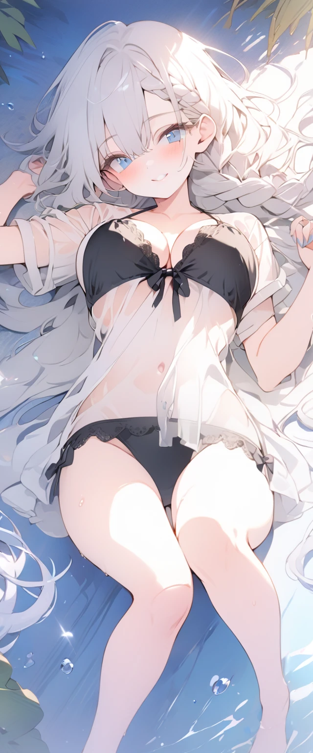 beautiful, masterpiece, Highest quality, anime, One girl,Portrait Shot, View your viewers, Covered、Long Hair、nearby、Blue Eyes、art、White hair,black streaked hair、Thighs、Braid、Wet Shirt、 Light black bikini、Bright、smile、See-through bikini、Cleavage、Lying on your back、barefoot