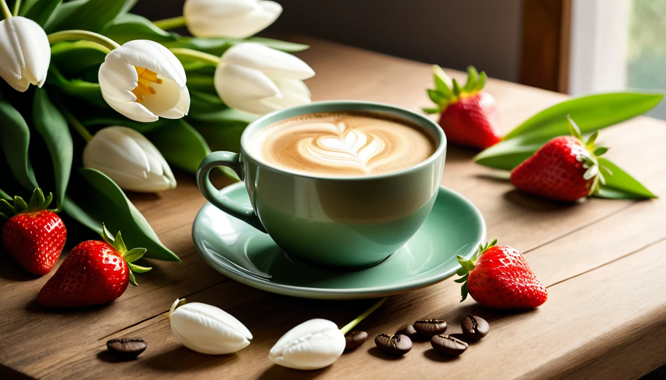 Best still life composition(best quality,4K,8K,High resolution,masterpiece:1.2),Super detailed,(Practical,photoPractical,photo-Practical:1.37),latté(clear focus、obvious)There is slight smoke in the dark green ceramic cup.Artist coffee impression.White sweater with clear texture，Wrinkles arranged randomly..strawberry.Sophisticated and elegant.Flat bouquet of bright white tulips from above(Lying flat on the table.From top to left.Make space on your desk.)..modern style.Fresh coffee beans are placed on the wooden bench next to it.Core and Texture. Freshness and flavor.Super detailed.（Super quality，Super detailed，Ultra-complex，Extremely complex）Soft and natural light and shadow.Reverse fragrance.no humans.Ultra wide angle, (Detailed texture),Background covered with film grain, natural soft light,(Morning Scene.warm sunshine in the morning)Ray tracing, Vignette, Wide-angle lens, Ultra wide angle, best qualitycinematic lighting, Depth of Field, outer boundary, Negative space, Letterbox header image