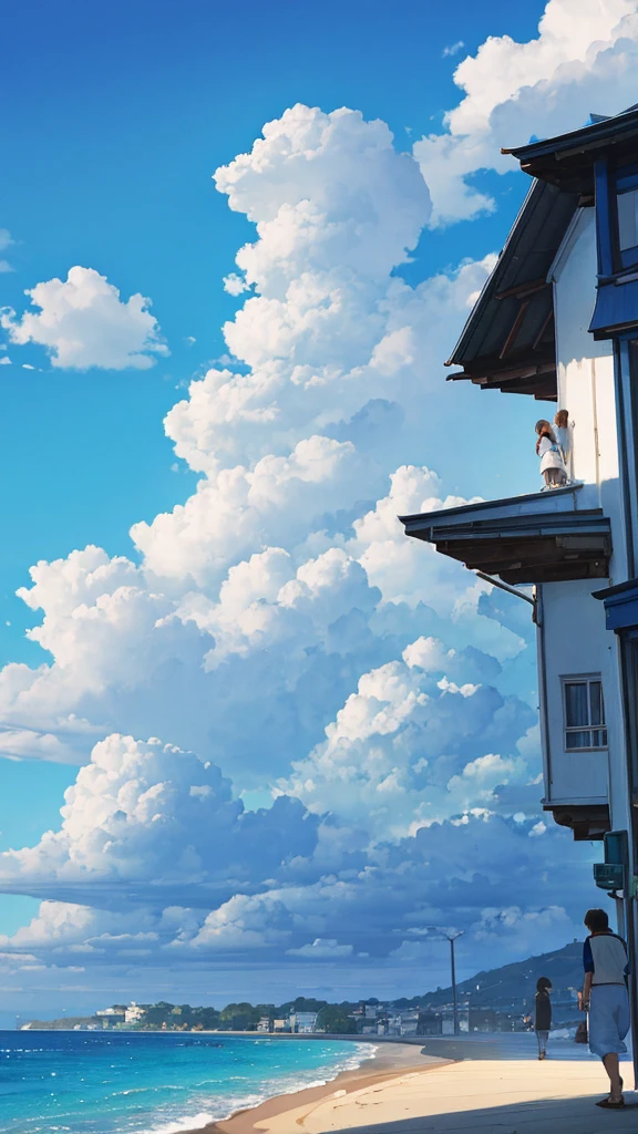 Blue sky with white clouds Seaside Back view of men and women in casual clothes An illustration Ghibli