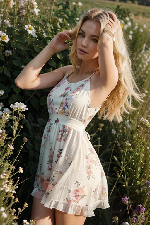 a model, with blonde hair, wearing a light floral dress, posing in a field of flowers during the day.