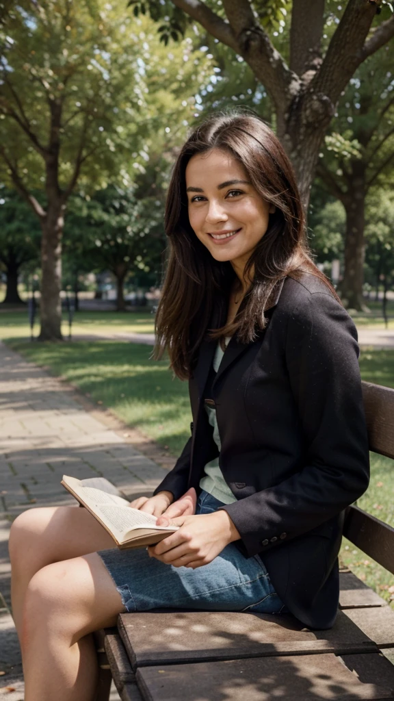 The man is walking in the park and notices a woman sitting on a bench reading a book. He makes eye contact and smiles.