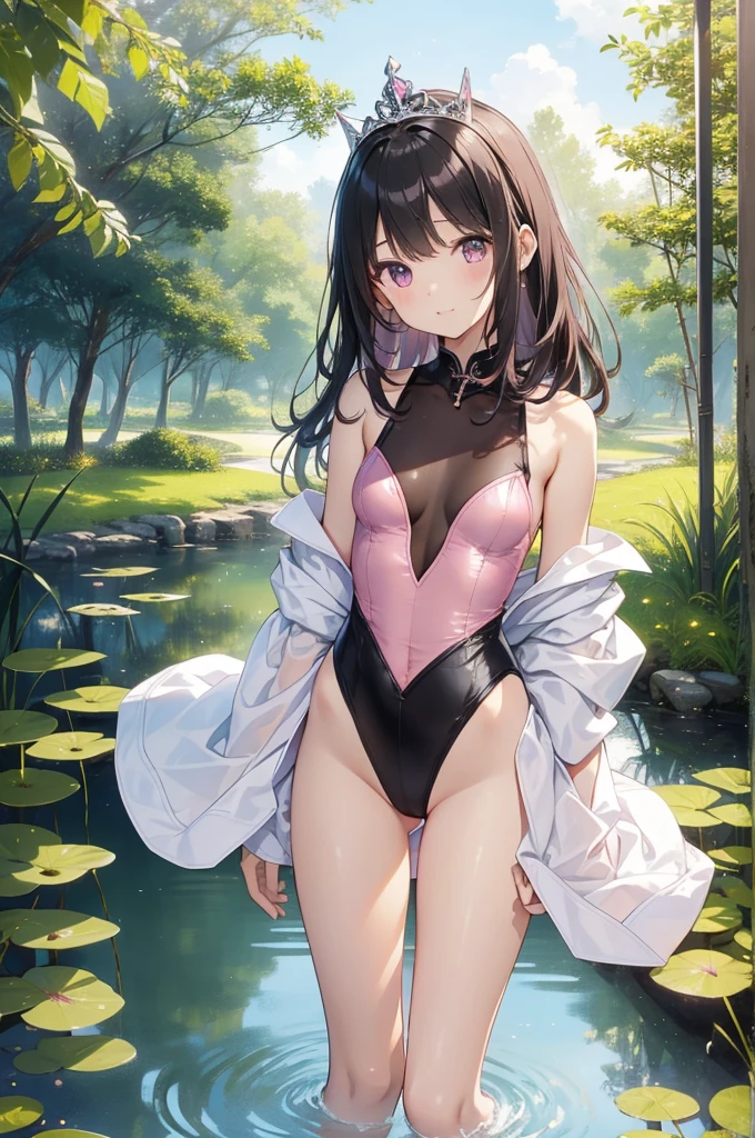 Highest quality、Very delicate and beautiful、I、I、8-year-old 、Japanese、Slim body、Chiquita、Primary school students、Black-haired、((Pink leotard))、(High leg)、Tiara on head、Laughter、standing、Look forward、Pond in the background、forest