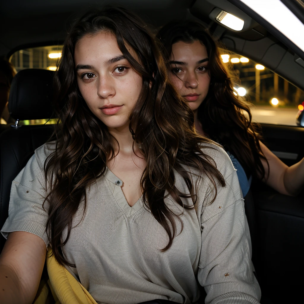 1 woman,22 years old , wavy hair, dark brown eyes, in a car at night with a flash
