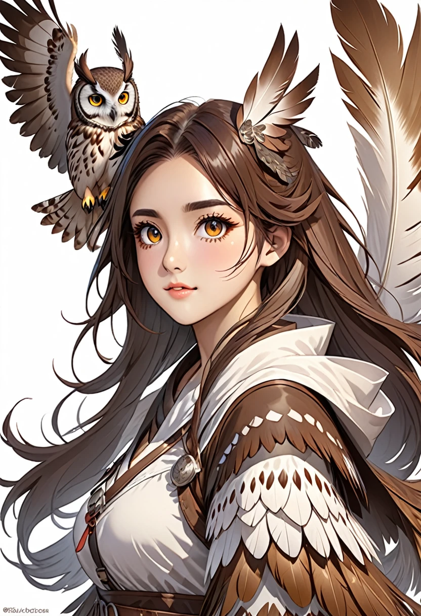 Creating a half-owl hybrid ,Has the characteristics and feathers of an owl,For DND RPG with owl feathers and owl eyes、Girl Personification、