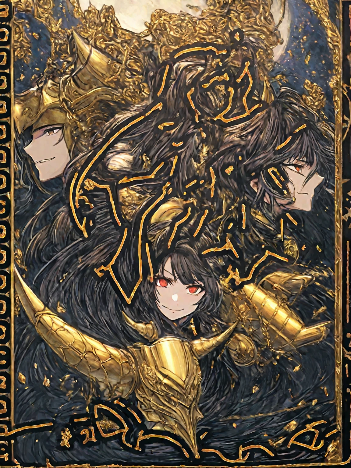 defined lines,houraisan_kaguya_touhou,long_hair, black_hair, very_long_hair, smile,bangs, red_eyes, brown_eyes,(Ornate golden armor plates,golden horn ornaments,multicolored gemstones,yellow and black clothes,black glove,Black torso,Golden chains),night,moon in the upper left corner
