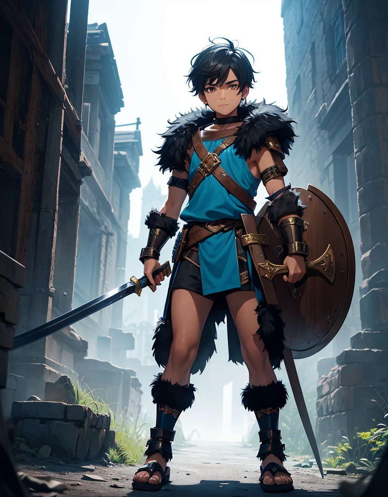 Young boy with black hair, brown eyes and fair skin, wearing neon blue barbarian fur tunic, black shorts, gauntlets and sandals, weilding sword and shield, fullbody, medieval background, boyish athletic