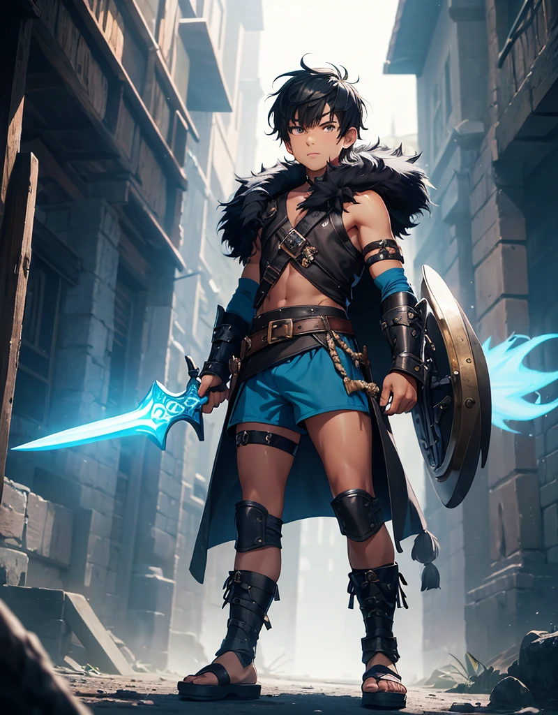 Young boy with black hair, brown eyes and fair skin, wearing neon blue barbarian fur tunic, black shorts, gauntlets and sandals, weilding sword and shield, fullbody, medieval background, boyish athletic