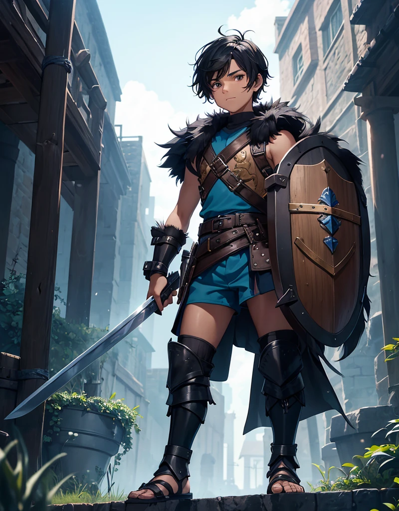 Young boy with black hair, brown eyes and fair skin, wearing neon blue barbarian fur tunic, black shorts, gauntlets and sandals, weilding sword and shield, fullbody, medieval background, boyish athletic