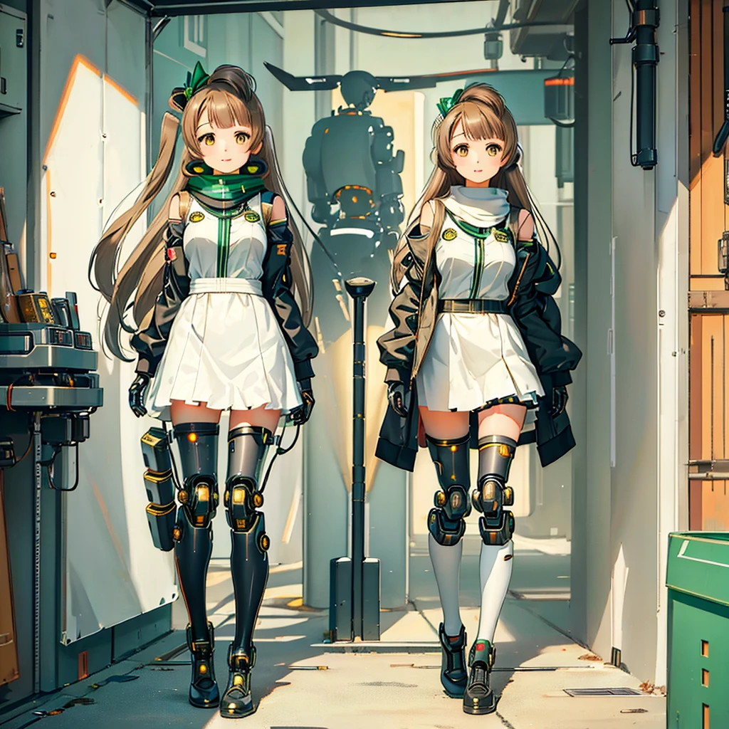 masterpiece, high quality, Gynoid Cyborg Body、The face is Minami Kotori、Minami Kotori, who has been remodeled into a girl-type mechanical body、Mecha Cyborg Girl、Single, frontal composition、Single image、from front, full body、Arms and legs wide open、Black Background