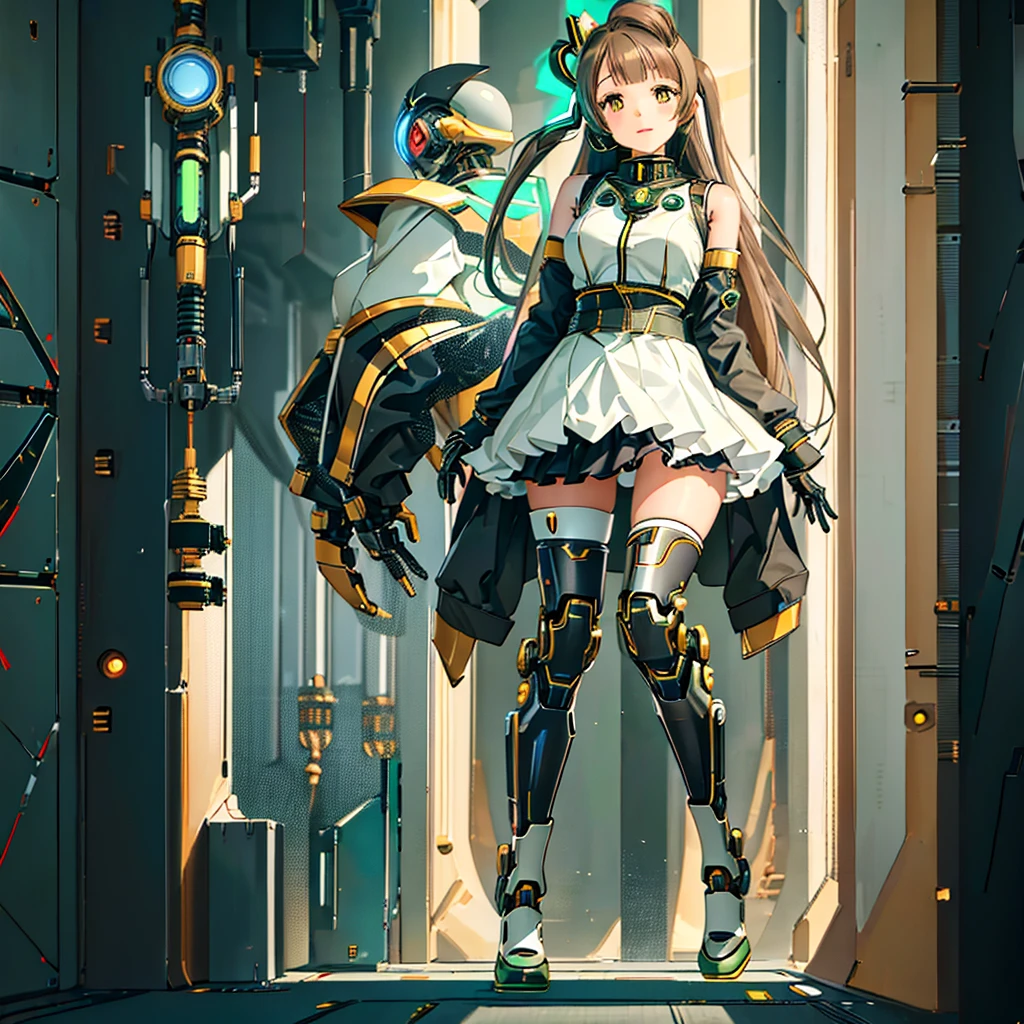 masterpiece, high quality, Gynoid Cyborg Body、The face is Minami Kotori、Minami Kotori, who has been remodeled into a girl-type mechanical body、Mecha Cyborg Girl、Single, frontal composition、Single image、from front, full body、Arms and legs wide open、Black Background