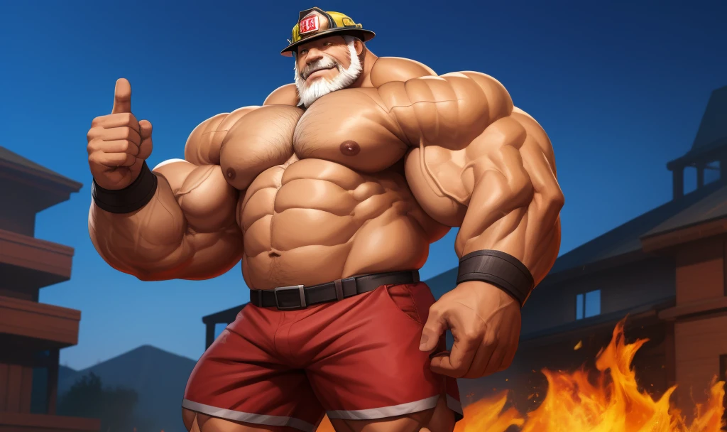 solo, 1boy, perfect anatomy, ground view, wrinkles skin, low shoot, down view, perfect proportion, thick body, thick thighs, firefighter, firefighter helmet, sharp eyes, big eyes, smile, perfect fingers, big hand, fingers. Huge Muscular Old man with short hair,(red shorts), view from side, pectoral, thick arms, huge pectoral, wide pectoral, white hair, white beards, fire background, VFX fire, masterpiece, semirealistic:1.2, high detailed, 8k, high resolution, perfect center, full view. ((really big muscle, massive muscular, sixpack, thick arms, wide pectoral, super huge muscle, hyper muscular, over sized muscle, huge arms, big arms, huge pectoral))