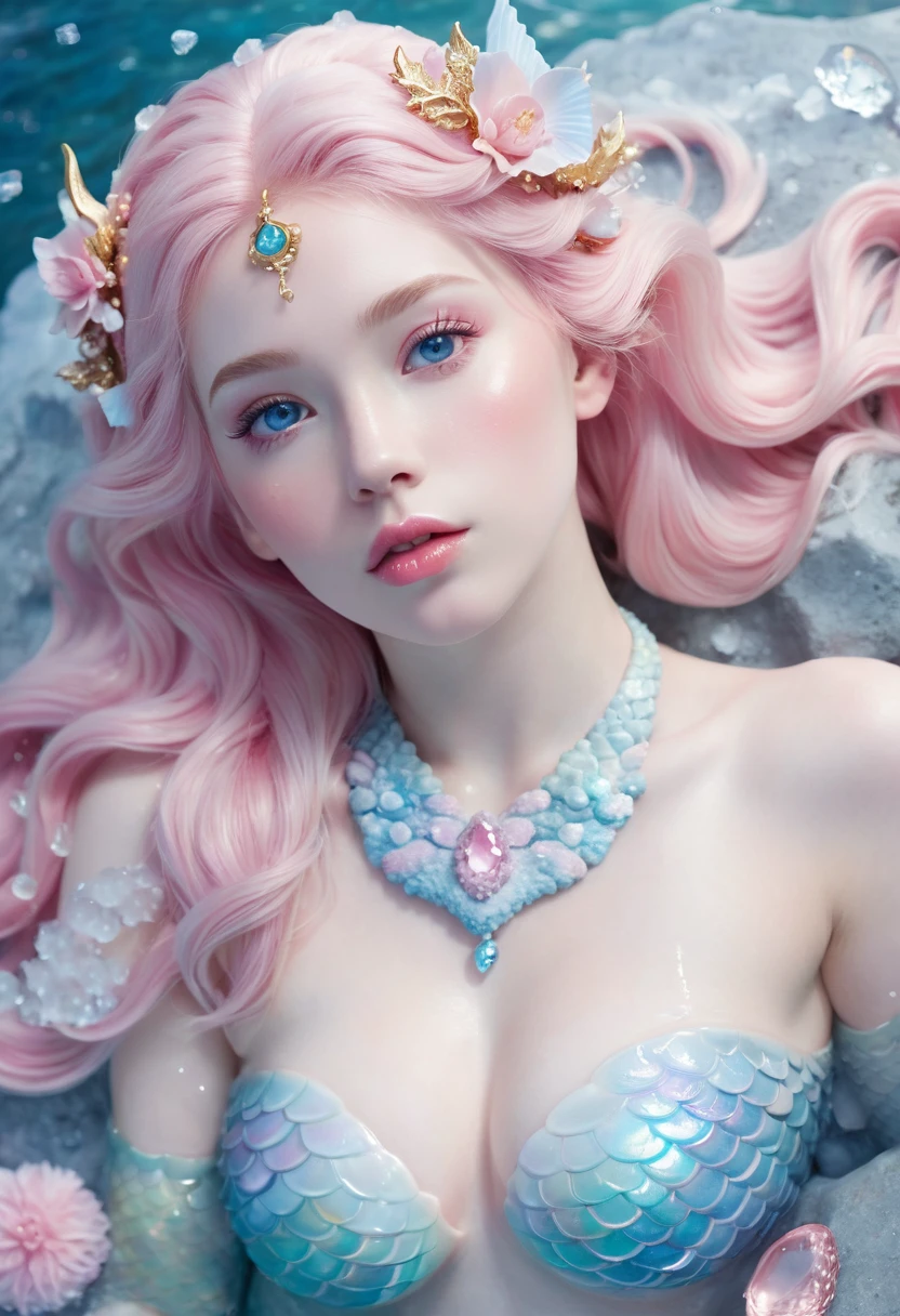sky view image depicting a gorgeous mermaid laying down on an icy rock. She has pale white skin, crystal blue eyes, round softly open pink lips, soft pink hair. Her skin is covered in ice shaped like flowers. Her chest is covered by pink shells and golden jewelry. Her gaze depicts her in a daydreaming state