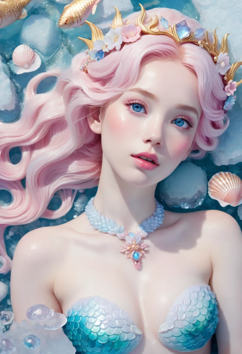 sky view image depicting a gorgeous mermaid laying down on an icy rock. She has pale white skin, crystal blue eyes, round softly open pink lips, soft pink hair. Her skin is covered in ice shaped like flowers. Her chest is covered by pink shells and golden jewelry. Her gaze depicts her in a daydreaming state