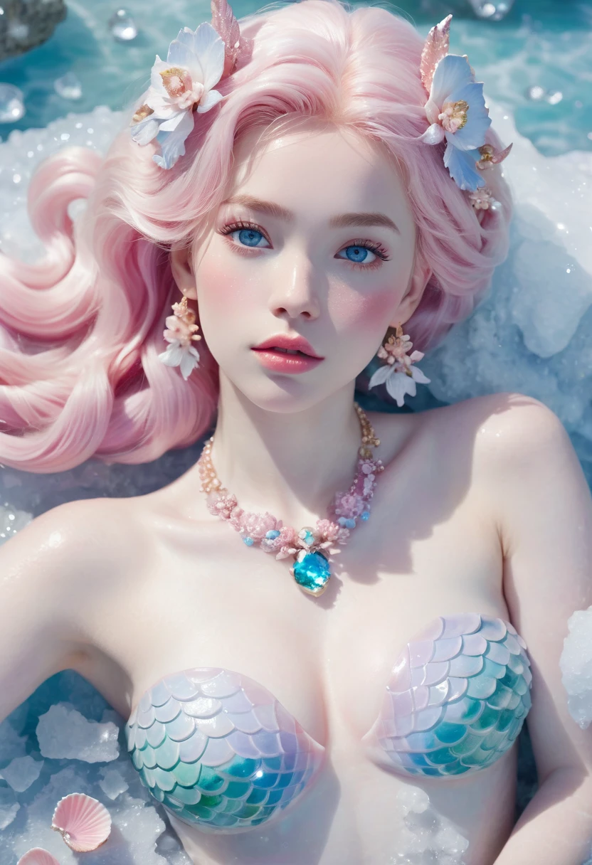 sky view image depicting a gorgeous mermaid laying down on an icy rock. She has pale white skin, crystal blue eyes, round softly open pink lips, soft pink hair. Her skin is covered in ice shaped like flowers. Her chest is covered by pink shells and golden jewelry. Her gaze depicts her in a daydreaming state