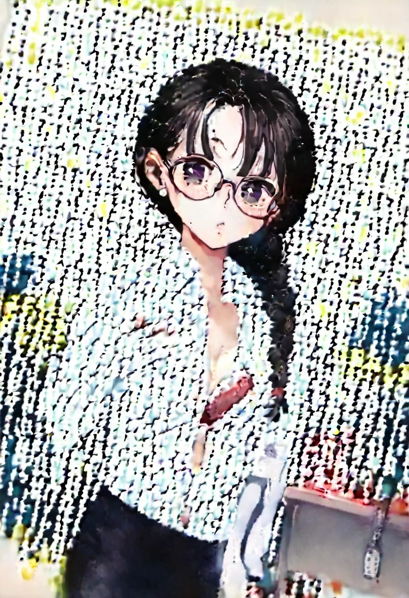 score_9, score_8_up, score_7_up, rating_explicit, score_anime, masterpiece, best quality, delicate illustration, sharp line, sharp focus, 
BREAK 
face up, 1girl, black hair, short hair, wavy hair, green eyes, round glasses, hair clip, medium breasts, grid girl, race-queen, 
BREAK 
(bare legs:1.2), (navel baring:1.1), (black costume:1.2), (green costume:1.1), (tanktop:1.2), (tight short sleeve jacket:1.3), (short pants), (high heels:1.3), (knee boots), (belt), earrings, choker, head accessories, arm bangles,