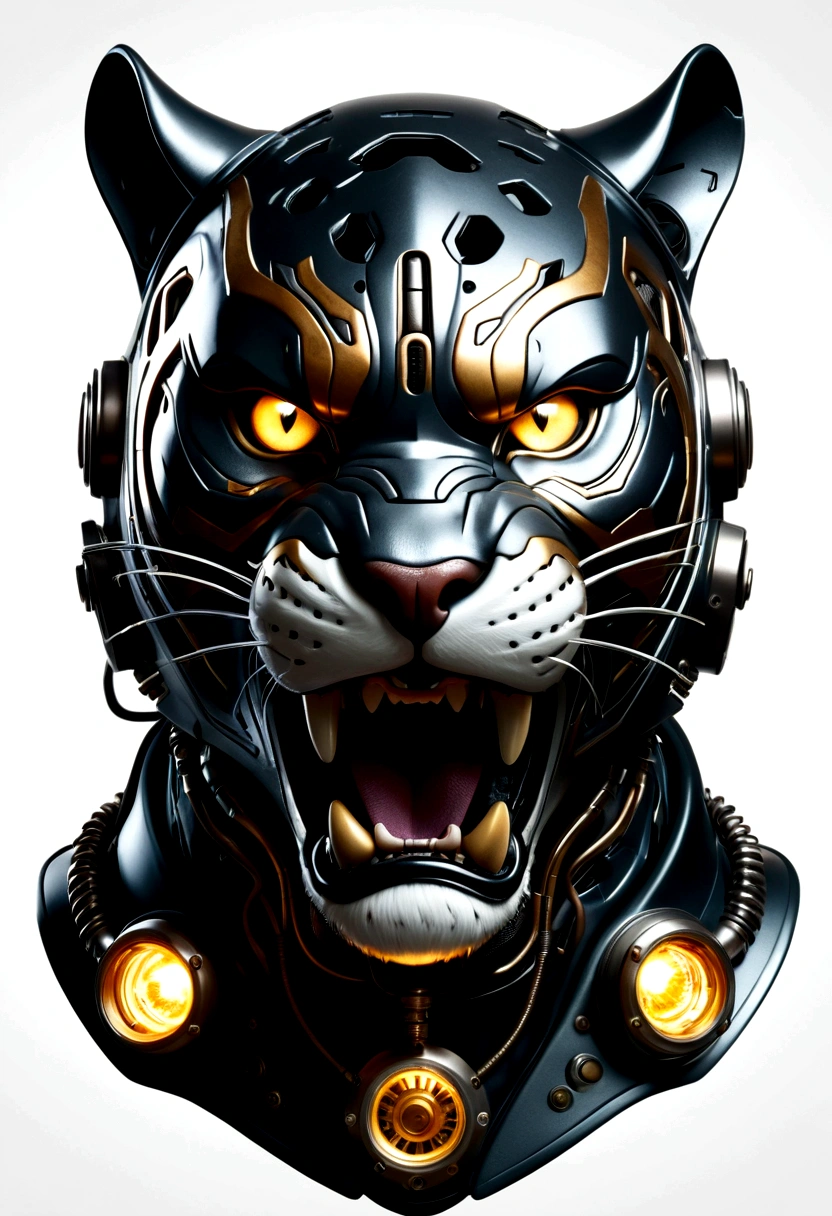 Highest quality, spectacular lighting, scary expression, aggressive expression, roaring, spectacular atmosphere, futuristic, panther helmet, head portrait, metal cat, cyborg. ,cyberpunk style,mechanical intricate details, complicated details Too much detail, light bulb, cinematic image, vignette, white background effect, Panther, straight face.