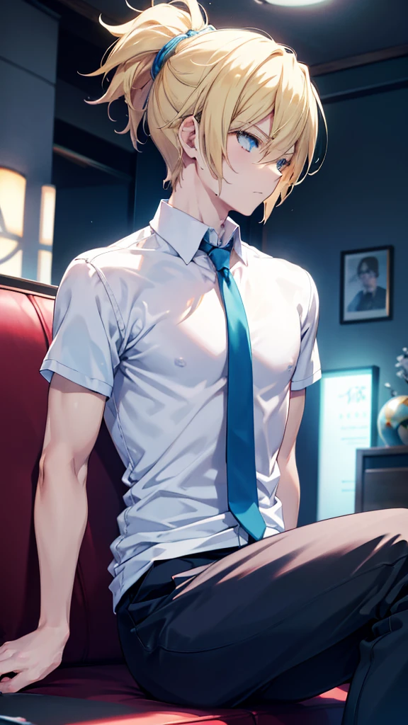 profile background, anime boy, serious face, blond hair, cyan eyes, gym body, detailed eyes and face, white shirt with a kanji in the middle, sitting on the sofa, in the living room, high-res portrait, character, fantasy, 4K, high resolution