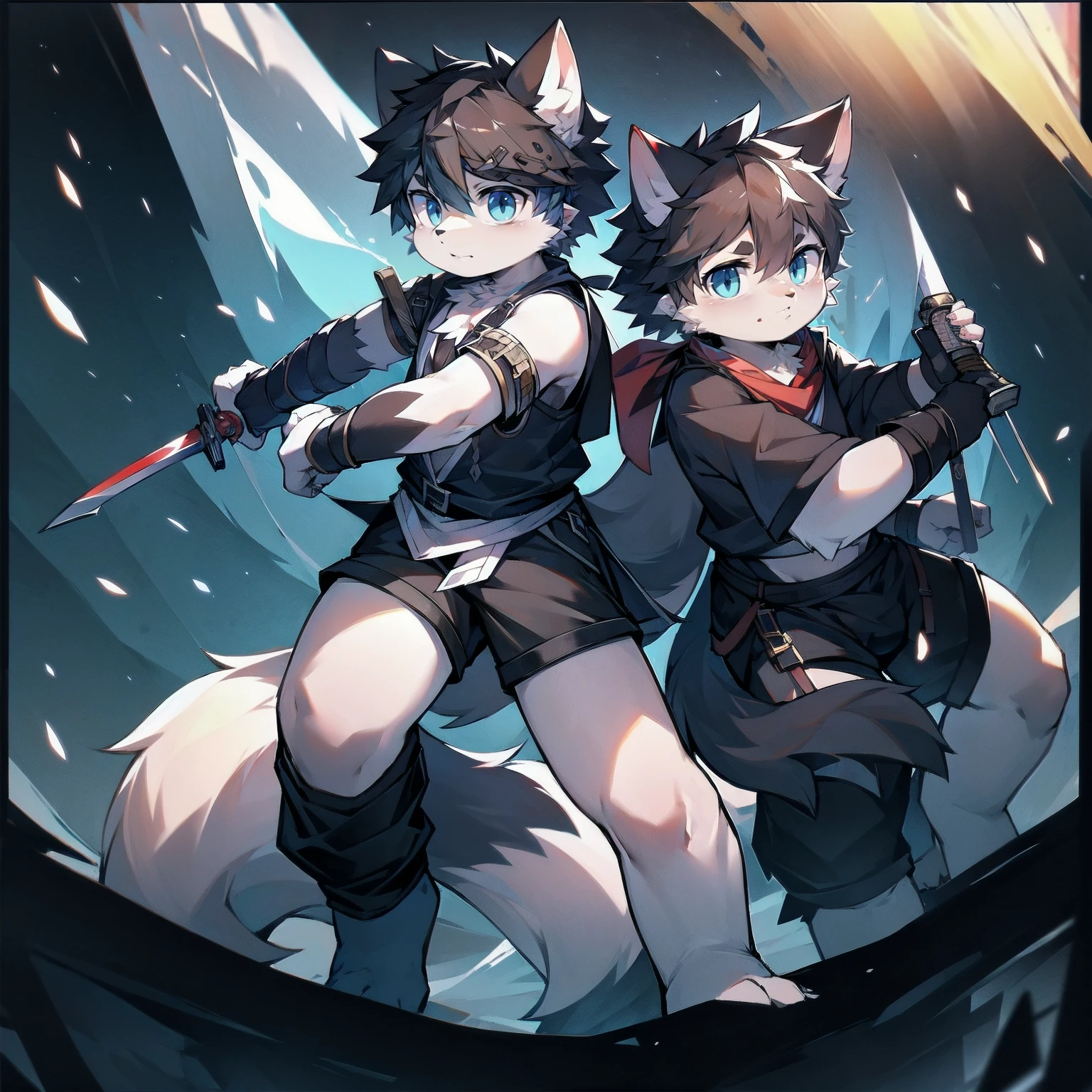 White Wolf，black hair，Sky blue eyes，hairy，Wolf ears，Wolf tail，Full body portrait，The character is in the center of the frame，Handsome，Confident eyes，male，juvenile，Black and white combat uniform，Red neck bib，Black shorts，Short sleeve，hairy arms and legs，Dark background，Dark battlefield，dawn，sunrise，dawn，illumination，shadow，Swordsman，Scabbard and sword，Hold the hilt of a sword in your hand，The scabbard is at the waist，Highest quality