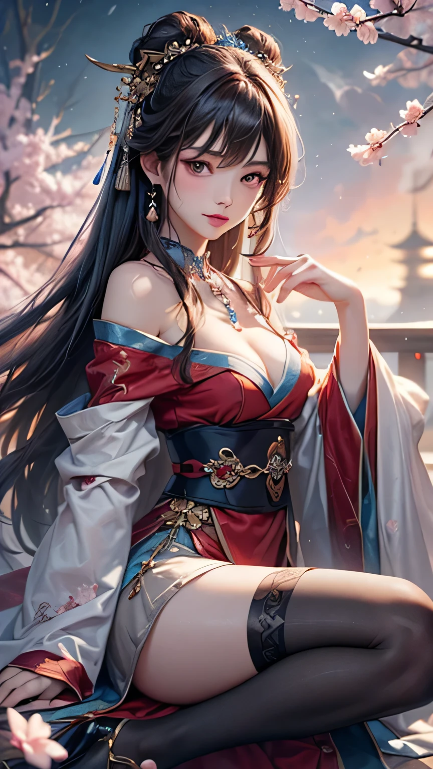 (masterpiece:1.5, Highest quality, Very detailed、 Dutch Angle、Semi-realistic、Fantasy)(One Girl, alone)(Silver Hair:1.4,,Straight Long Hair)(Wearing Han clothes, Royalty、White and red Hanfu:1.6,Thick fabric,Long sleeve)、((Off the shoulder、medium breasts, Beautiful cleavage、ruby ​​necklace))((Above the knee tights))(from side,cherry blossoms、dead tree、Mystical Night、Particles of light float around the woman、Fantasyのためのスペース)
