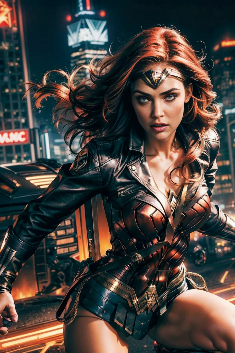 best quality,ultra-detailed,realistic) vibrant colors,comic book style,(studio lighting,sharp focus) female superhero in action,leaping into the air,powerful stance,with a golden lasso of truth,defending the innocent,brave and confident,(dazzling red lips,eyes full of determination),flying through a dynamic cityscape,with towering skyscrapers and bustling streets, futuristic technology,explosions and chaos,a symbol of strength and justice,inspiring hope and courage. ((A Red hair , green eyes classic 70 outfit (biker jacket) Wonder Woman) () (