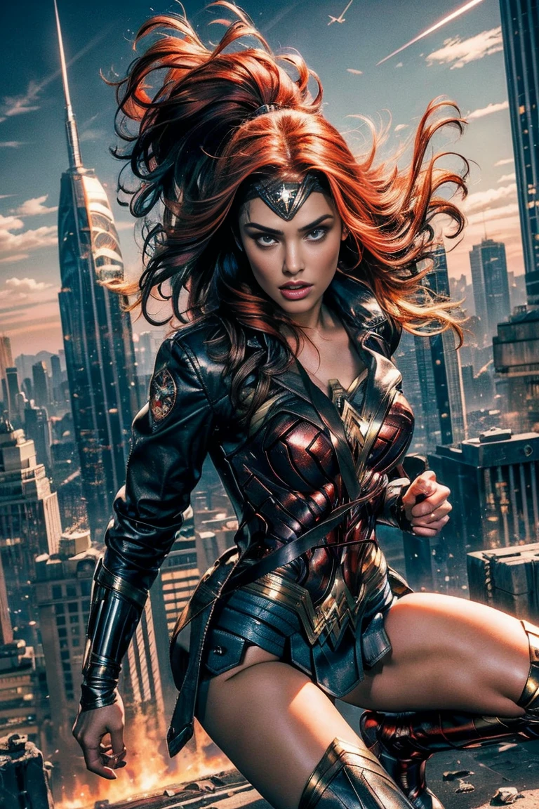 best quality,ultra-detailed,realistic) vibrant colors,comic book style,(studio lighting,sharp focus) female superhero in action,leaping into the air,powerful stance,with a golden lasso of truth,defending the innocent,brave and confident,(dazzling red lips,eyes full of determination),flying through a dynamic cityscape,with towering skyscrapers and bustling streets, futuristic technology,explosions and chaos,a symbol of strength and justice,inspiring hope and courage. ((A Red hair , green eyes classic 70 outfit (biker jacket) Wonder Woman) () (