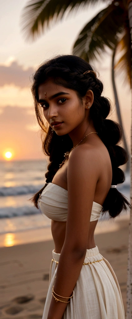 Very Indian Woman, portrait, 20 year old, , sexy strapless blouse and skirt, hollywood style, dusk and sunset, tropical ocean beach sand, coconut trees, royal, detailed body, detailed face, oily body, gorgeous, ultra realistic, charming, cute, long braided hair, ambient lighting, winter, detailed background, volumetric lighting, shadow, 8k