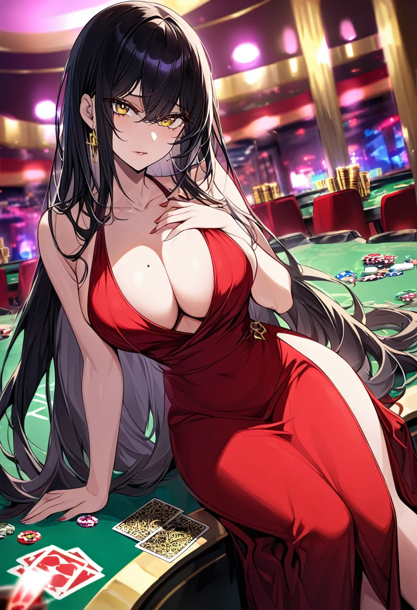 Adult female, busty, hourglass figure, sexy red dress, messy and long black hair, golden yellow irises, defined black pupils, passionate, seductive, casino, poker table, holding cards, sitting beside poker table, well defined, perfect definition, high quality, perfect eyes, perfect hands