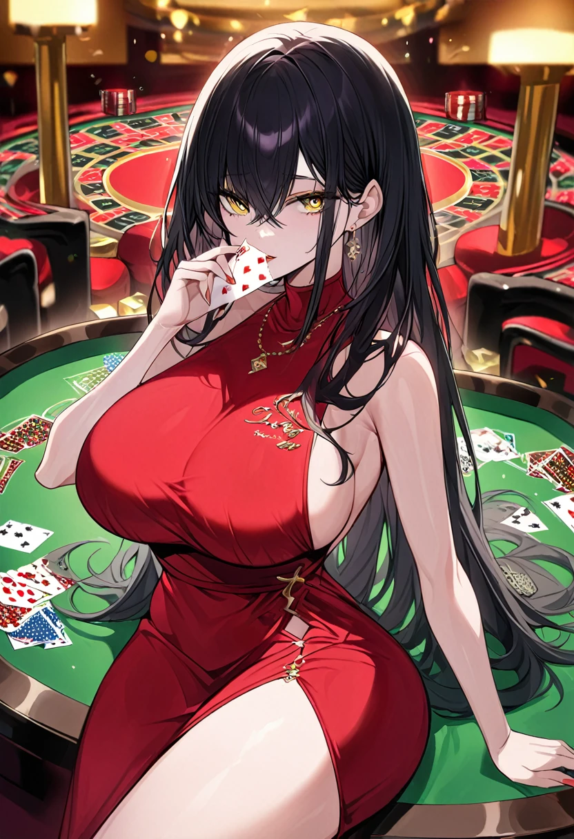 Adult female, busty, hourglass figure, sexy red dress, messy and long black hair, golden yellow irises, defined black pupils, passionate, seductive, casino, poker table, holding cards, sitting beside poker table, well defined, perfect definition, high quality, perfect eyes, perfect hands