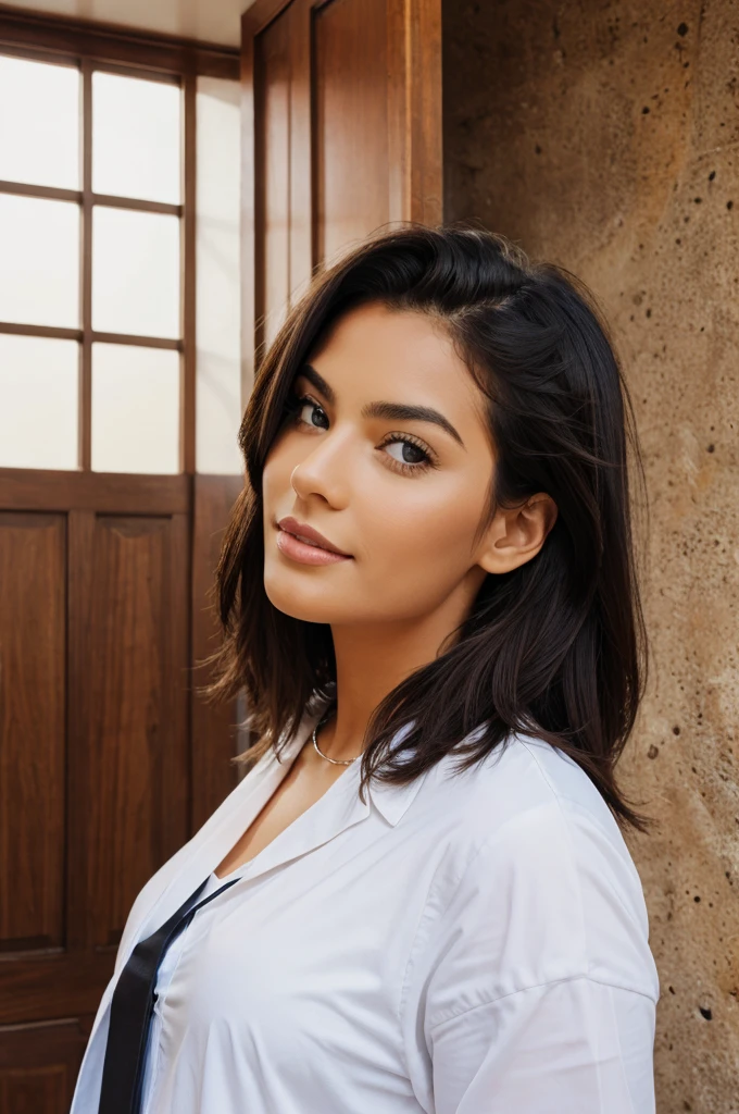 Camila Mendes with blonde dyed hair dressed in traditional Cuban clothes and smiling sexy